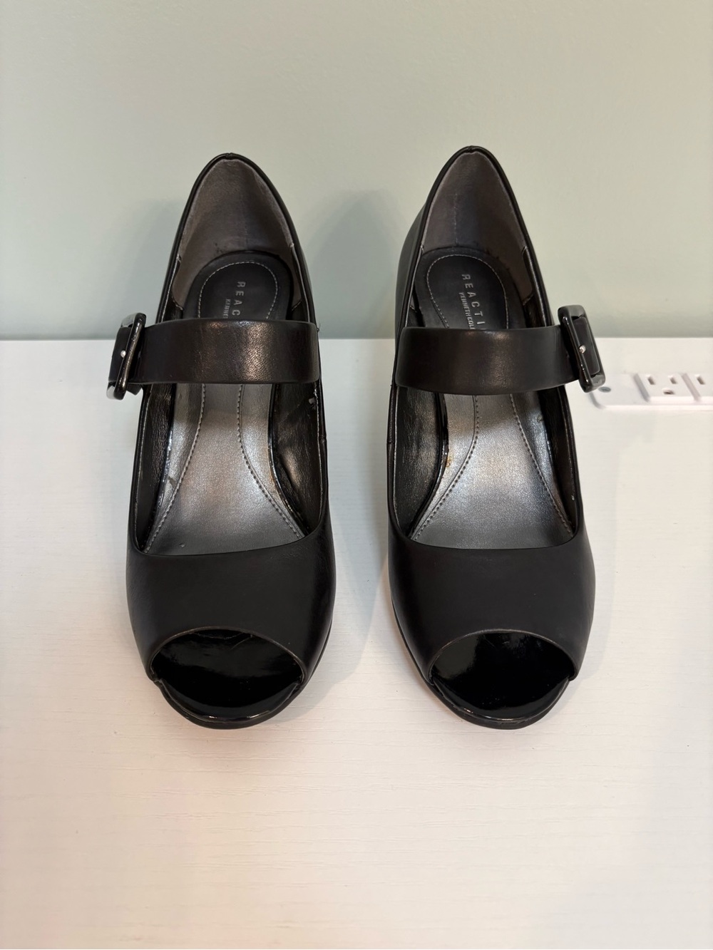 Reaction Kenneth Cole Black Peep-Toe Mary Jane Heels with Buckle Strap